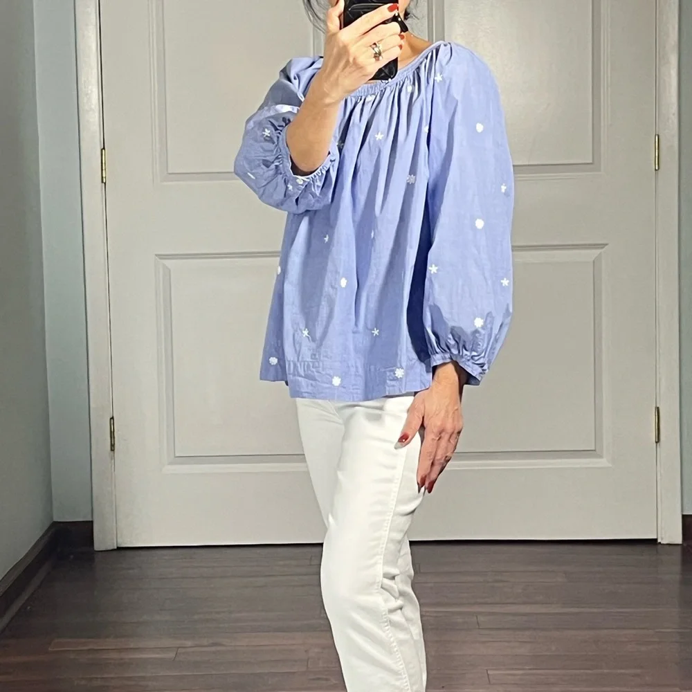 J. Crew The Perfect Embroidered Chambray Top Puff Sleeves blouse size M